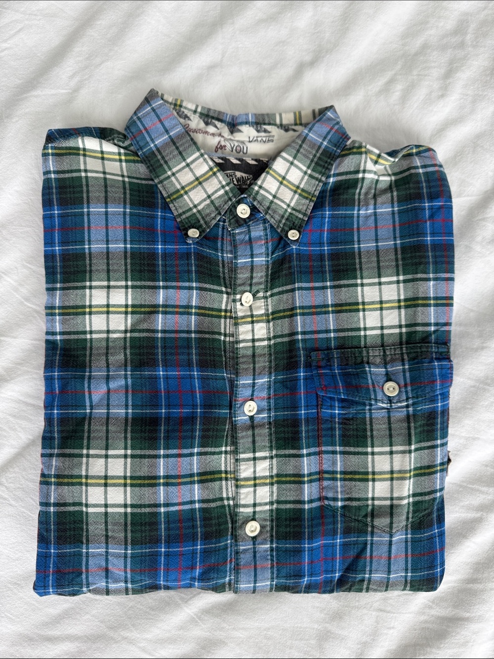 Vans Men's Blue, Green & White Plaid Button-Up Shirt